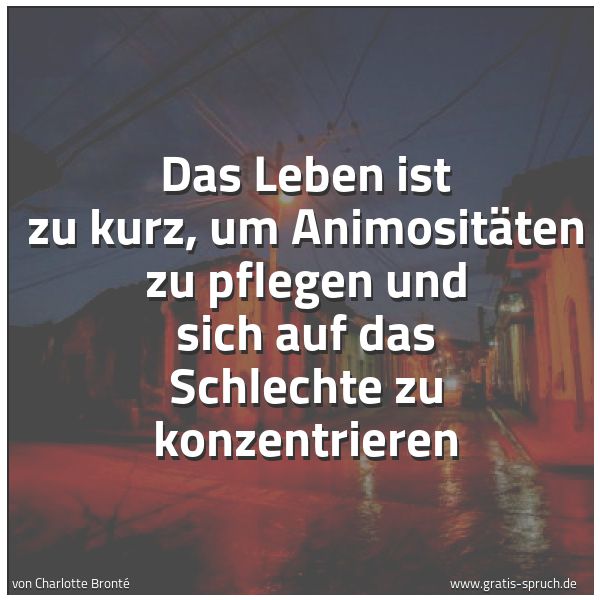 Spruchbild mit dem Text 'Das Leben ist zu kurz, um Animositäten zu pflegen und sich auf das Schlechte zu konzentrieren'