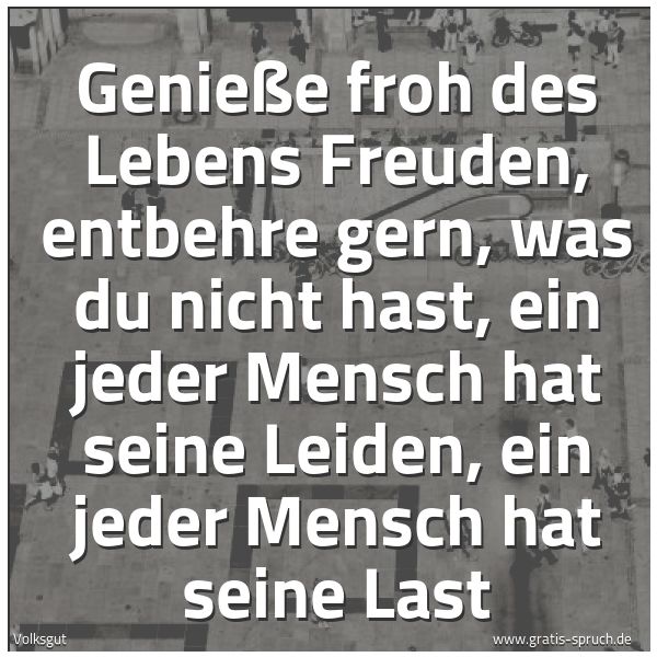 Spruchbild mit dem Text 'Genieße froh des Lebens Freuden,
entbehre gern, was du nicht hast,
ein jeder Mensch hat seine Leiden,
ein jeder Mensch hat seine Last'