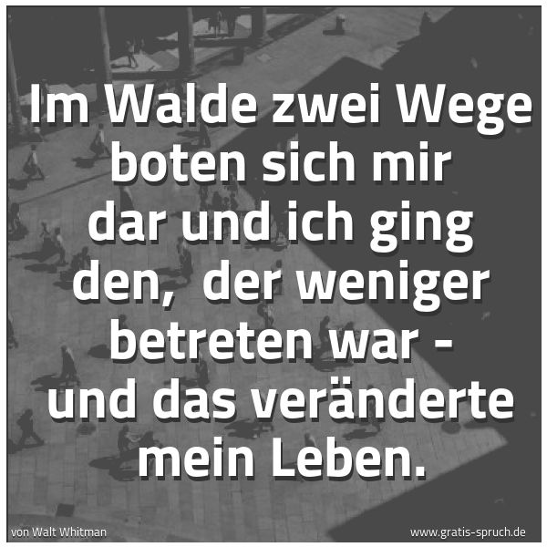 Spruchbild mit dem Text 'Im Walde zwei Wege boten sich mir dar und ich ging den, 
der weniger betreten war - und das veränderte mein Leben.'