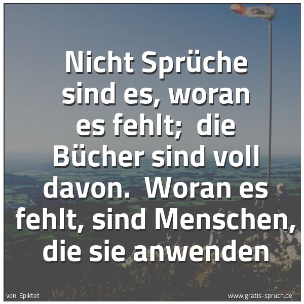 Spruchbild mit dem Text 'Nicht Sprüche sind es, woran es fehlt; 
die Bücher sind voll davon. 
Woran es fehlt, sind Menschen, die sie anwenden'