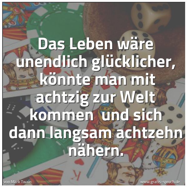 Spruchbild mit dem Text 'Das Leben wäre unendlich glücklicher, 
könnte man mit achtzig zur Welt kommen 
und sich dann langsam achtzehn nähern.'