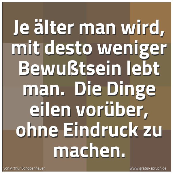 Spruchbild mit dem Text 'Je älter man wird, mit desto weniger Bewußtsein lebt man. 
Die Dinge eilen vorüber, ohne Eindruck zu machen.'