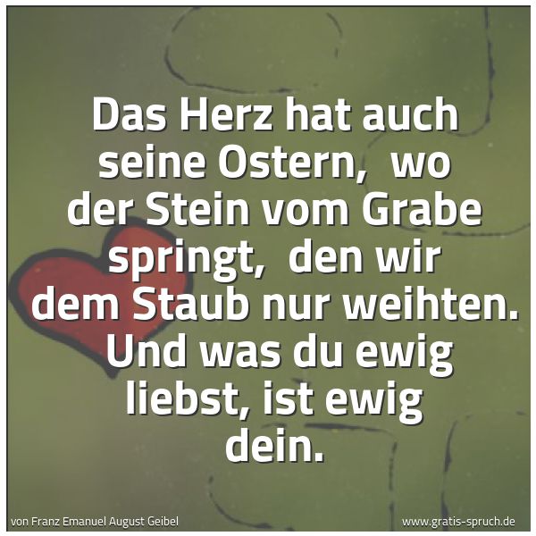 Spruchbild mit dem Text 'Das Herz hat auch seine Ostern, 
wo der Stein vom Grabe springt, 
den wir dem Staub nur weihten. 
Und was du ewig liebst, ist ewig dein.'