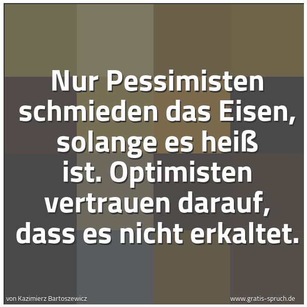 Spruchbild mit dem Text 'Nur Pessimisten schmieden das Eisen, solange es heiß ist.
Optimisten vertrauen darauf, dass es nicht erkaltet.'