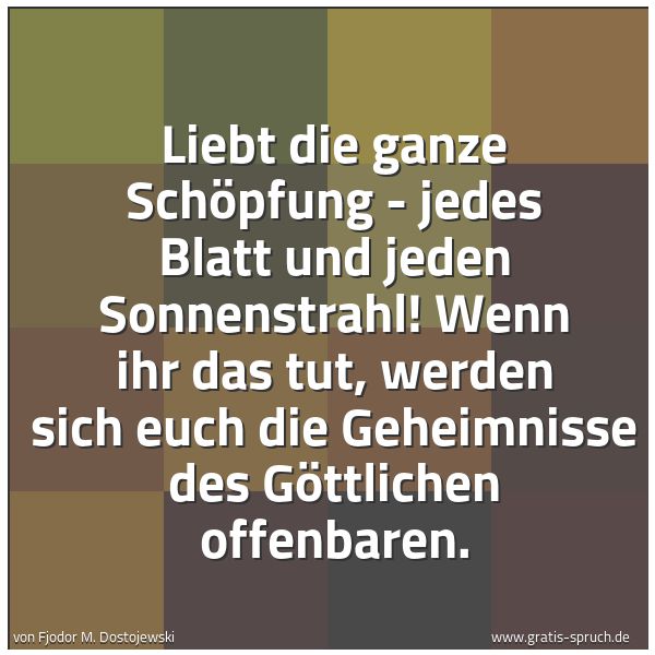 Spruchbild mit dem Text 'Liebt die ganze Schöpfung - jedes Blatt und jeden Sonnenstrahl! Wenn ihr das tut, werden sich euch die Geheimnisse des Göttlichen offenbaren.'