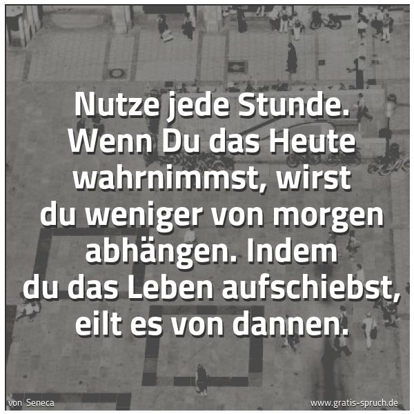 Spruchbild mit dem Text 'Nutze jede Stunde.
Wenn Du das Heute wahrnimmst, wirst du weniger von morgen abhängen.
Indem du das Leben aufschiebst, eilt es von dannen.
 '