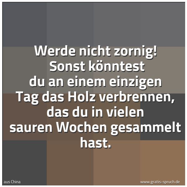 Spruchbild mit dem Text 'Werde nicht zornig!  
Sonst könntest du an einem einzigen Tag das Holz verbrennen,
das du in vielen sauren Wochen gesammelt hast.'