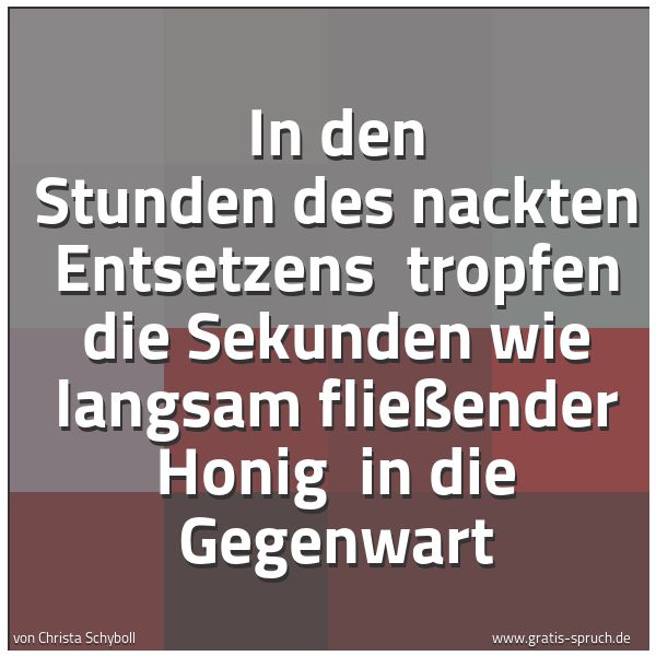 Spruchbild mit dem Text 'In den Stunden des nackten Entsetzens 
tropfen die Sekunden wie langsam fließender Honig 
in die Gegenwart'