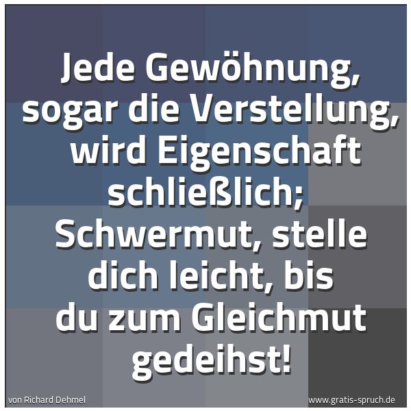 Spruchbild mit dem Text 'Jede Gewöhnung, sogar die Verstellung, 
wird Eigenschaft schließlich; 
Schwermut, stelle dich leicht, bis du zum Gleichmut gedeihst!'