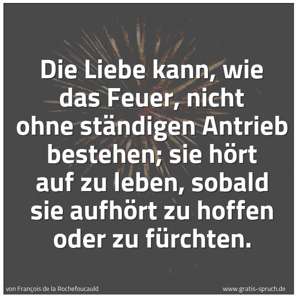 Spruchbild mit dem Text 'Die Liebe kann, wie das Feuer, nicht ohne ständigen Antrieb bestehen; sie hört auf zu leben, sobald sie aufhört zu hoffen oder zu fürchten.'