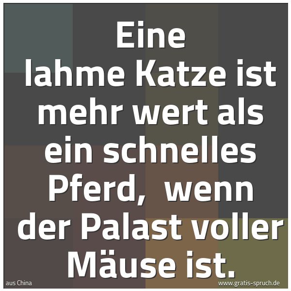 Spruchbild mit dem Text 'Eine lahme Katze ist mehr wert als ein schnelles Pferd, 
wenn der Palast voller Mäuse ist. '