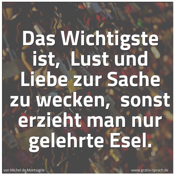Spruchbild mit dem Text 'Das Wichtigste ist, 
Lust und Liebe zur Sache zu wecken, 
sonst erzieht man nur gelehrte Esel.'