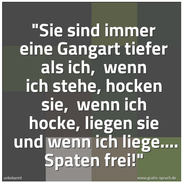 Spruchbild mit dem Text ''Sie sind immer eine Gangart tiefer als ich, 
wenn ich stehe, hocken sie, 
wenn ich hocke, liegen sie 
und wenn ich liege.... Spaten frei!''