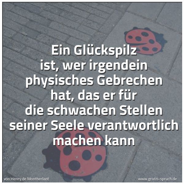 Spruchbild mit dem Text 'Ein Glückspilz ist, wer irgendein physisches Gebrechen hat, das er für die schwachen Stellen seiner Seele verantwortlich machen kann'