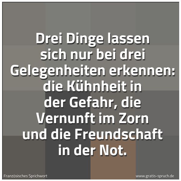 Spruchbild mit dem Text 'Drei Dinge lassen sich nur bei drei Gelegenheiten erkennen:
die Kühnheit in der Gefahr,
die Vernunft im Zorn
und die Freundschaft in der Not.'
