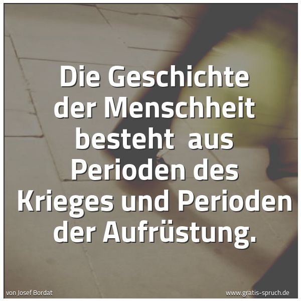 Spruchbild mit dem Text 'Die Geschichte der Menschheit besteht 
aus Perioden des Krieges und Perioden der Aufrüstung.'