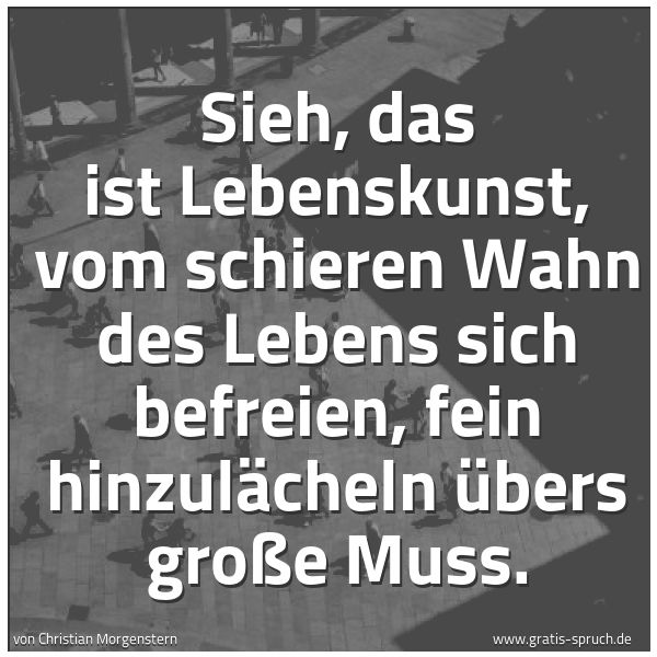 Spruchbild mit dem Text 'Sieh, das ist Lebenskunst,
vom schieren Wahn des Lebens sich befreien,
fein hinzulächeln übers große Muss.

'