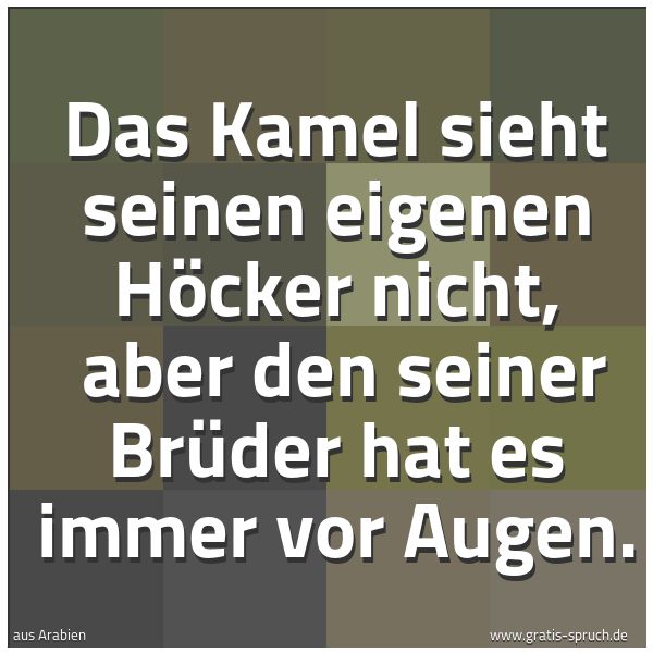 Spruchbild mit dem Text 'Das Kamel sieht seinen eigenen Höcker nicht, 
aber den seiner Brüder hat es immer vor Augen.'