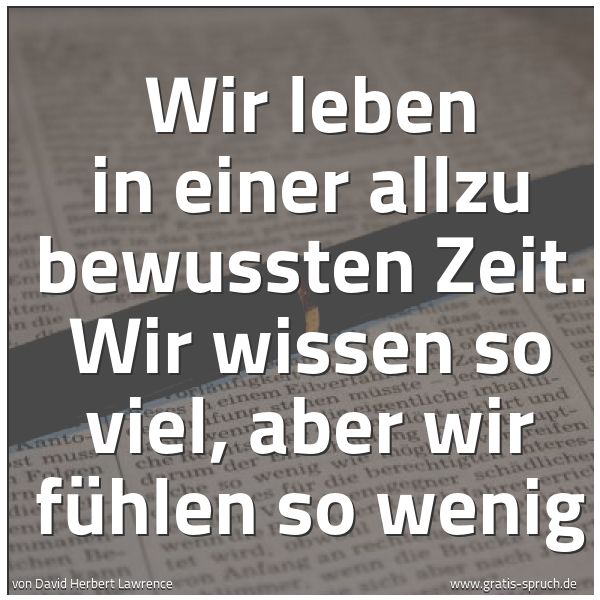 Spruchbild mit dem Text 'Wir leben in einer allzu bewussten Zeit.
Wir wissen so viel,
aber wir fühlen so wenig'