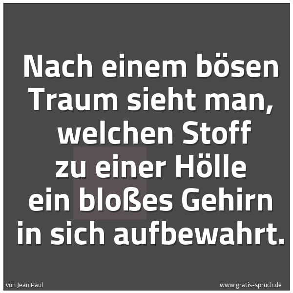 Spruchbild mit dem Text 'Nach einem bösen Traum sieht man, 
welchen Stoff zu einer Hölle ein bloßes Gehirn in sich aufbewahrt.'