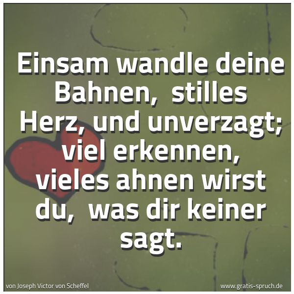 Spruchbild mit dem Text 'Einsam wandle deine Bahnen, 
stilles Herz, und unverzagt;
viel erkennen, vieles ahnen wirst du, 
was dir keiner sagt.'