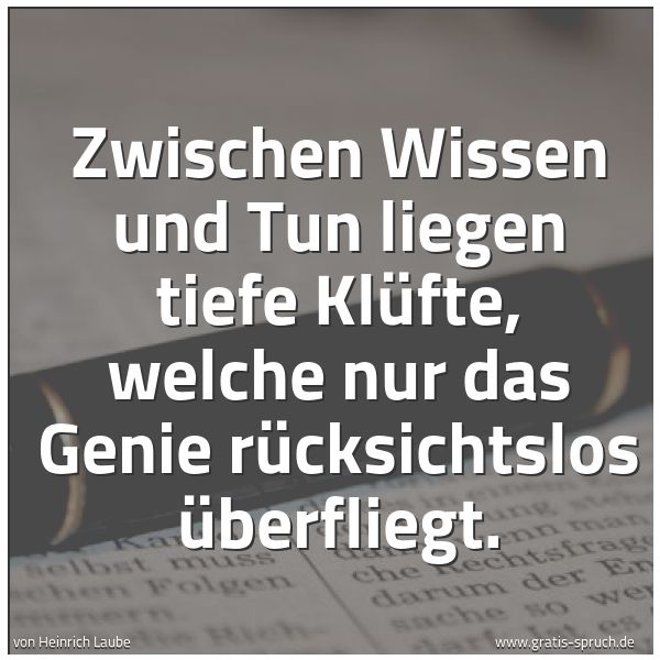 Spruchbild mit dem Text 'Zwischen Wissen und Tun liegen tiefe Klüfte,
welche nur das Genie rücksichtslos überfliegt.'