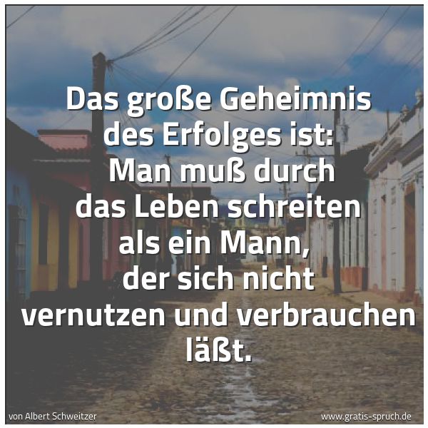 Spruchbild mit dem Text 'Das große Geheimnis des Erfolges ist: 
Man muß durch das Leben schreiten als ein Mann, 
der sich nicht vernutzen und verbrauchen läßt.'