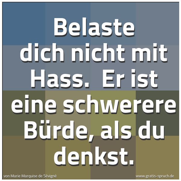 Spruchbild mit dem Text 'Belaste dich nicht mit Hass. 
Er ist eine schwerere Bürde, als du denkst.'