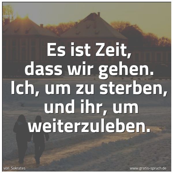 Spruchbild mit dem Text 'Es ist Zeit, dass wir gehen.
Ich, um zu sterben, 
und ihr, um weiterzuleben.'
