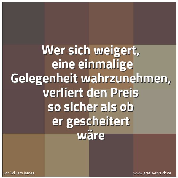 Spruchbild mit dem Text 'Wer sich weigert, 
eine einmalige Gelegenheit wahrzunehmen,
verliert den Preis so sicher
als ob er gescheitert wäre'