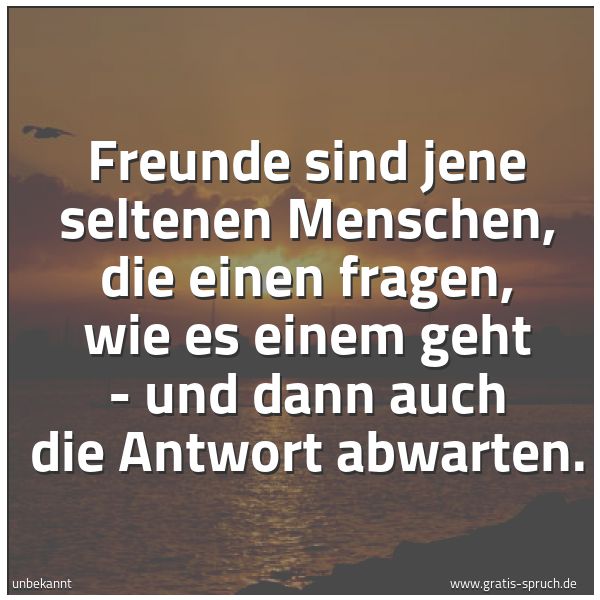 Spruchbild mit dem Text 'Freunde sind jene seltenen Menschen,
die einen fragen, wie es einem geht -
und dann auch die Antwort abwarten.'