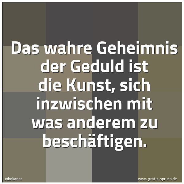 Spruchbild mit dem Text 'Das wahre Geheimnis der Geduld ist die Kunst,
sich inzwischen mit was anderem zu beschäftigen.
'