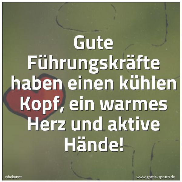 Spruchbild mit dem Text 'Gute Führungskräfte haben einen kühlen Kopf,
ein warmes Herz und aktive Hände! '