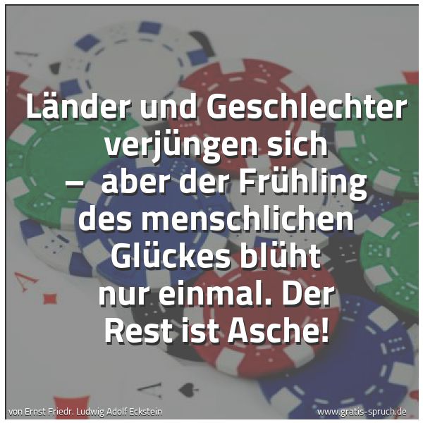Spruchbild mit dem Text 'Länder und Geschlechter verjüngen sich – 
aber der Frühling des menschlichen Glückes blüht nur einmal. Der Rest ist Asche!'