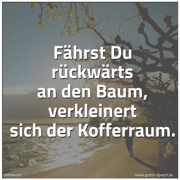 Spruchbild mit dem Text 'Fährst Du rückwärts an den Baum,
verkleinert sich der Kofferraum.'