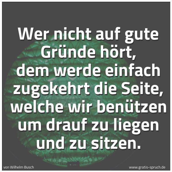 Spruchbild mit dem Text 'Wer nicht auf gute Gründe hört,
dem werde einfach zugekehrt
die Seite, welche wir benützen
um drauf zu liegen und zu sitzen.'