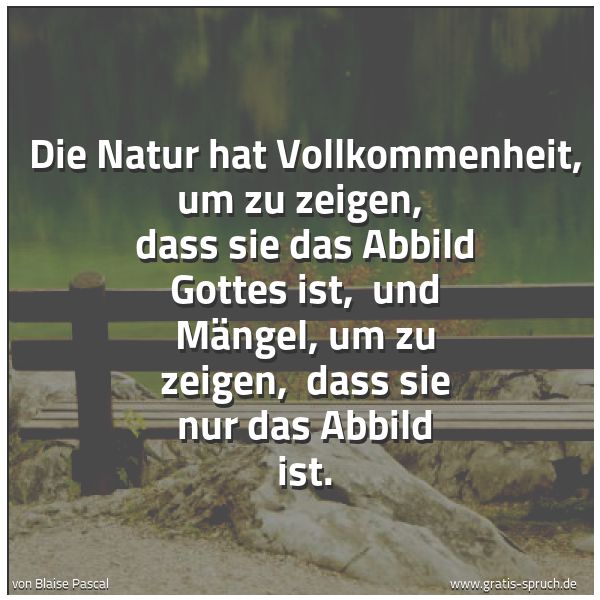 Spruchbild mit dem Text 'Die Natur hat Vollkommenheit, um zu zeigen, 
dass sie das Abbild Gottes ist, 
und Mängel, um zu zeigen, 
dass sie nur das  Abbild ist.'