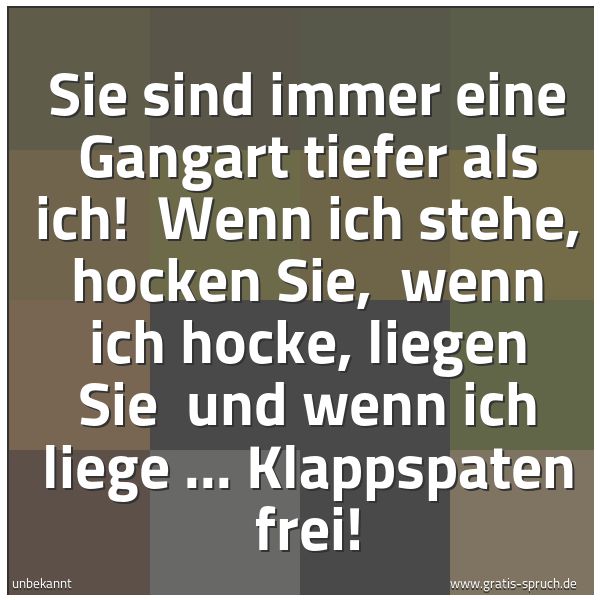 Spruchbild mit dem Text 'Sie sind immer eine Gangart tiefer als ich! 
Wenn ich stehe, hocken Sie, 
wenn ich hocke, liegen Sie 
und wenn ich liege ... Klappspaten frei!'