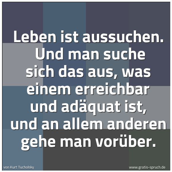 Spruchbild mit dem Text 'Leben ist aussuchen. 
Und man suche sich das aus, was einem erreichbar und adäquat ist, und an allem anderen gehe man vorüber.'