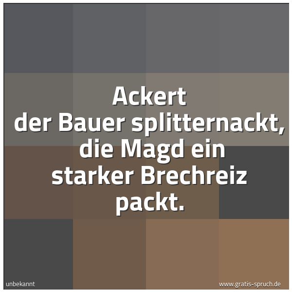 Spruchbild mit dem Text 'Ackert der Bauer splitternackt, 
die Magd ein starker Brechreiz packt.'