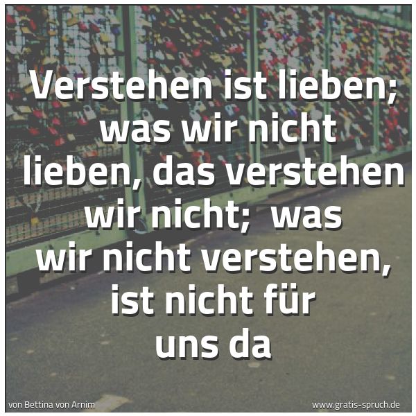 Spruchbild mit dem Text 'Verstehen ist lieben; 
was wir nicht lieben, das verstehen wir nicht; 
was wir nicht verstehen, ist nicht für uns da'