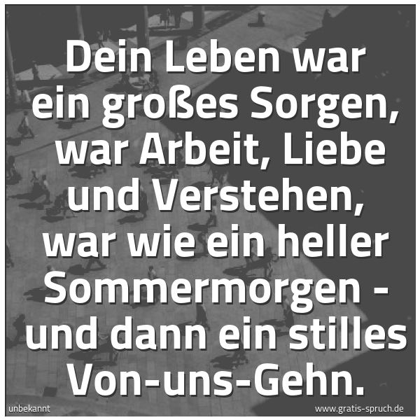 Spruchbild mit dem Text 'Dein Leben war ein großes Sorgen, 
war Arbeit, Liebe und Verstehen,
war wie ein heller Sommermorgen -
und dann ein stilles Von-uns-Gehn.'