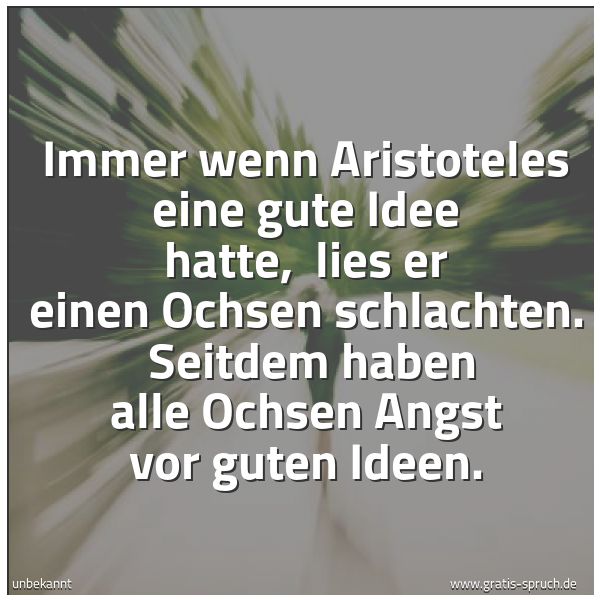 Spruchbild mit dem Text 'Immer wenn Aristoteles eine gute Idee hatte, 
lies er einen Ochsen schlachten. 
Seitdem haben alle Ochsen Angst vor guten Ideen. '