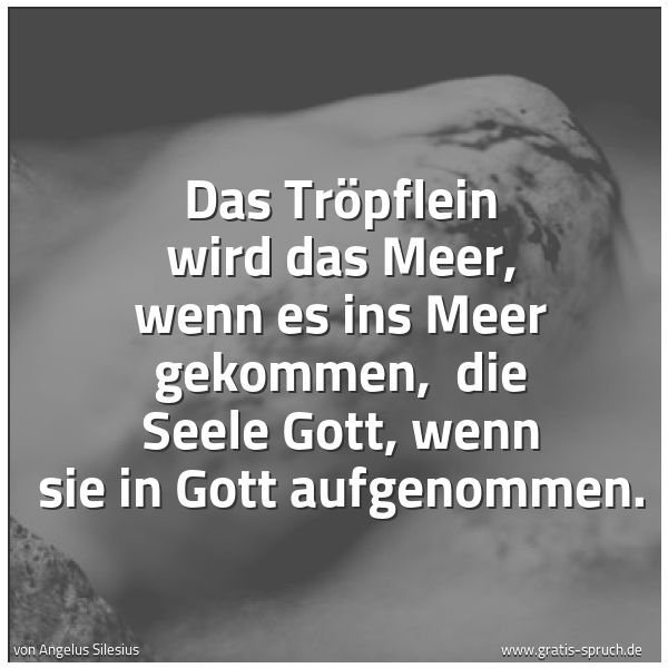 Spruchbild mit dem Text 'Das Tröpflein wird das Meer, wenn es ins Meer gekommen, 
die Seele Gott, wenn sie in Gott aufgenommen.'