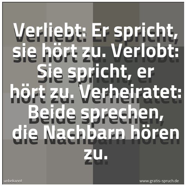 Spruchbild mit dem Text 'Verliebt: Er spricht, sie hört zu.
Verlobt: Sie spricht, er hört zu.
Verheiratet: Beide sprechen, die Nachbarn hören zu.'