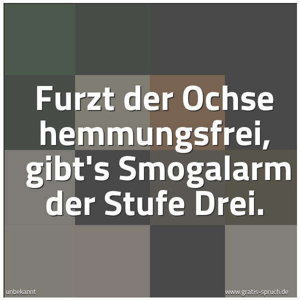 Spruchbild mit dem Text 'Furzt der Ochse hemmungsfrei, 
gibt's Smogalarm der Stufe Drei. '