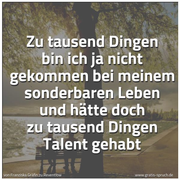 Spruchbild mit dem Text 'Zu tausend Dingen bin ich ja nicht gekommen bei meinem sonderbaren Leben und hätte doch zu tausend Dingen Talent gehabt'