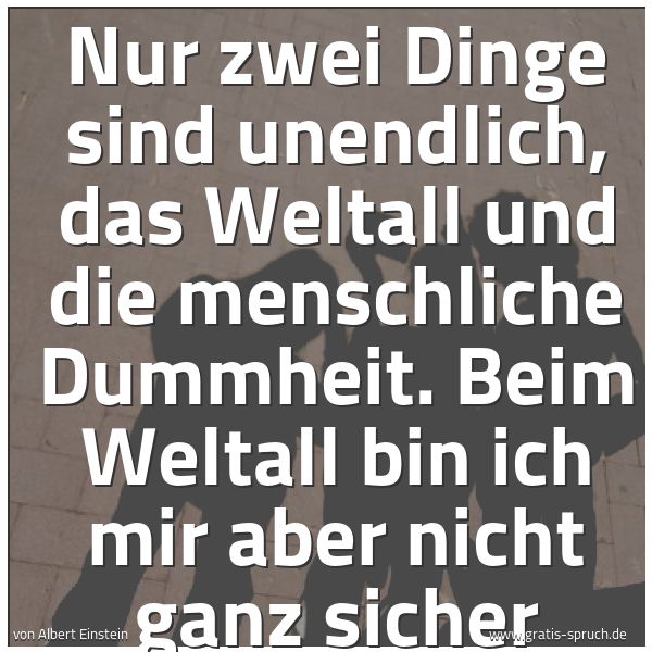 Spruchbild mit dem Text 'Nur zwei Dinge sind unendlich,
das Weltall und die menschliche Dummheit.
Beim Weltall bin ich mir aber nicht ganz sicher'