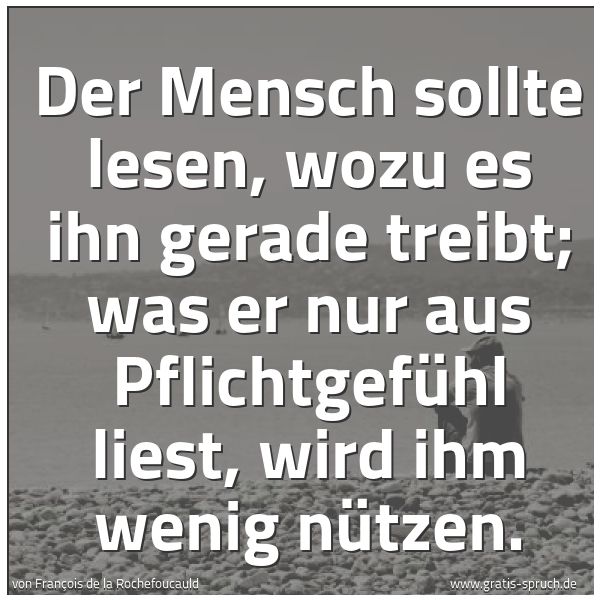 Spruchbild mit dem Text 'Der Mensch sollte lesen, wozu es ihn gerade treibt;
was er nur aus Pflichtgefühl liest, wird ihm wenig nützen.'