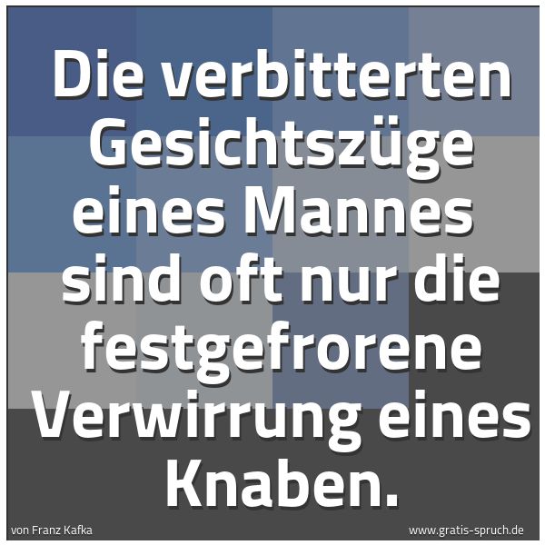 Spruchbild mit dem Text 'Die verbitterten Gesichtszüge eines Mannes 
sind oft nur die festgefrorene Verwirrung eines Knaben.'